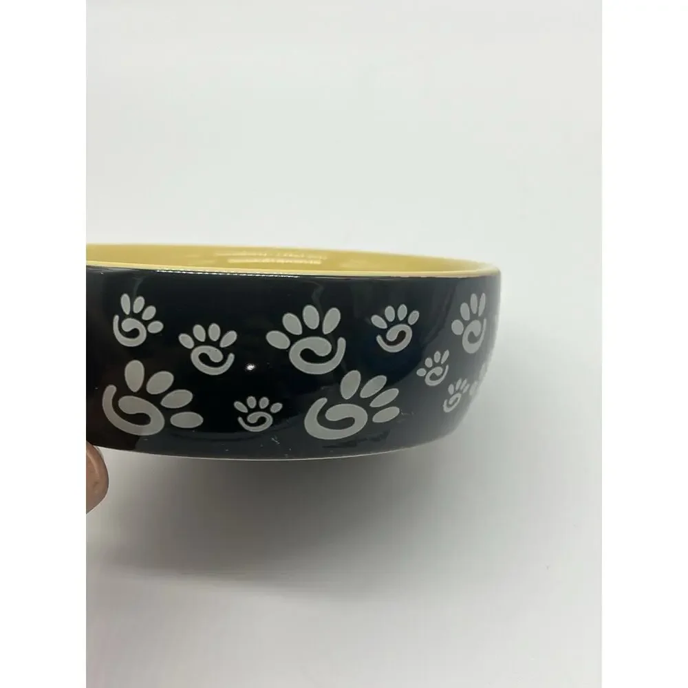 Small Ceramic Pet Cat Bowl 5” Dia Yellow & Black Feeder Water